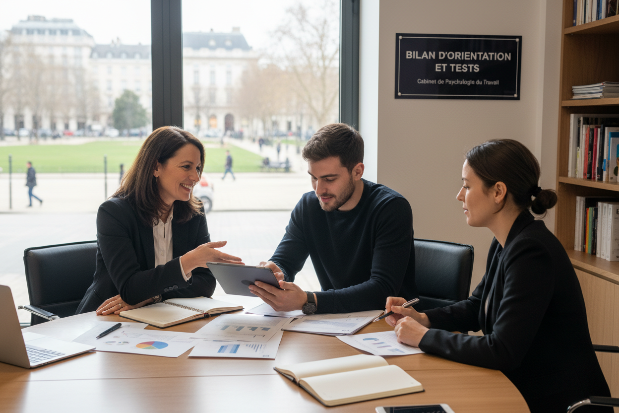 Trois personnes sont assises autour d'une table de réunion pour discuter de documents et d'une tablette numérique dans un bureau.