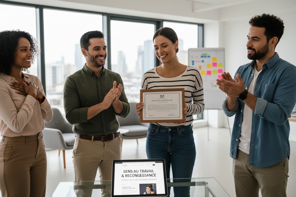 Une équipe de quatre collègues sourit et applaudit une femme qui tient fièrement un certificat dans un bureau lumineux.